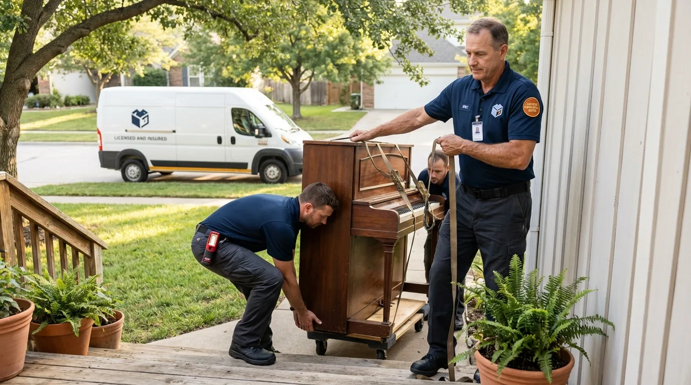 Licensed piano movers securing grand piano in Newport, PA