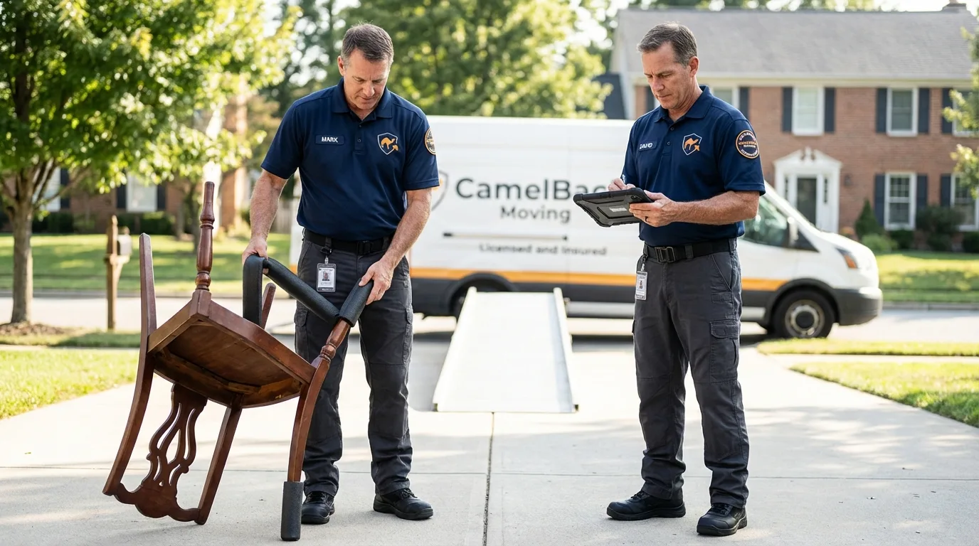 Movers inspecting furniture for damage prevention before loading in Newport, PA