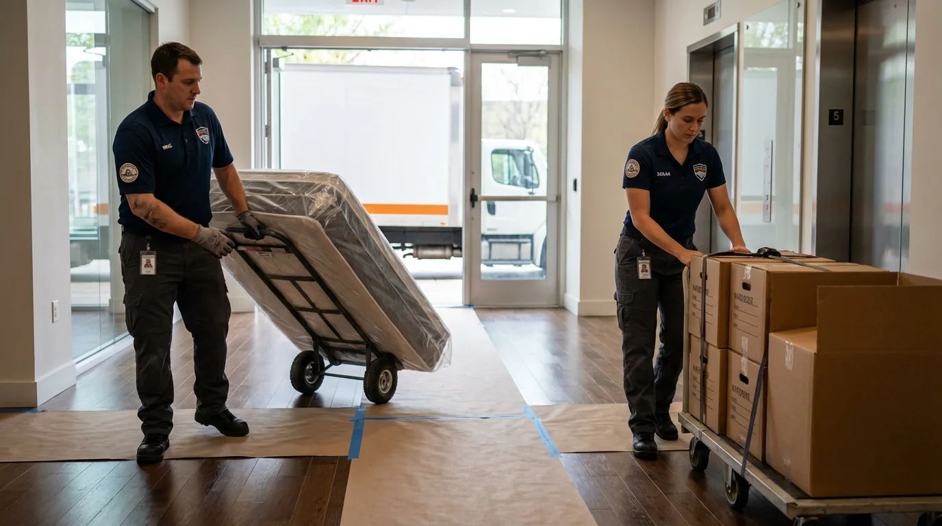 Professional apartment movers loading elevator in Newport, PA